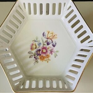 Lichte Fine China Reticulated Dish Dresden Flowers Germany Hexagon.